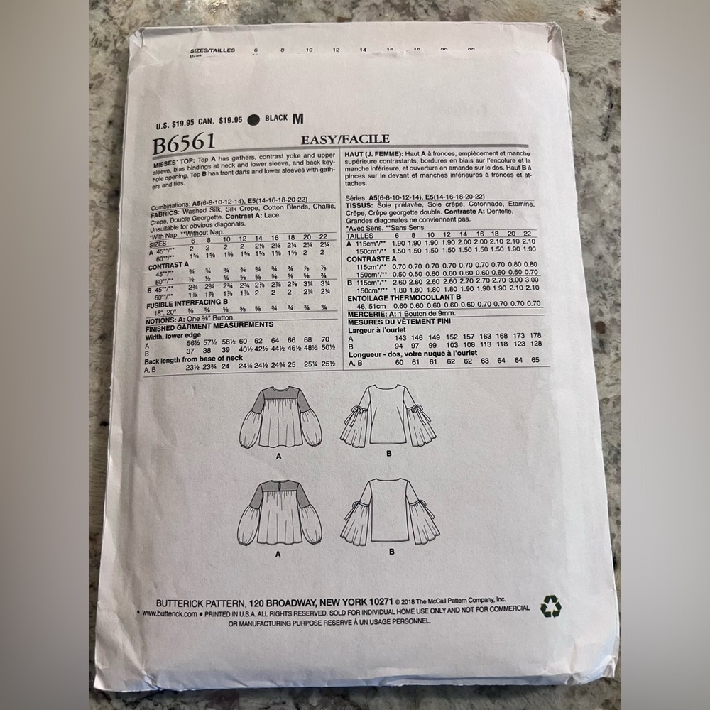 🍄3 for $20 Butterick Lisette B 6561 uncut women’s blouse size 14–22 - Picture 2 of 2